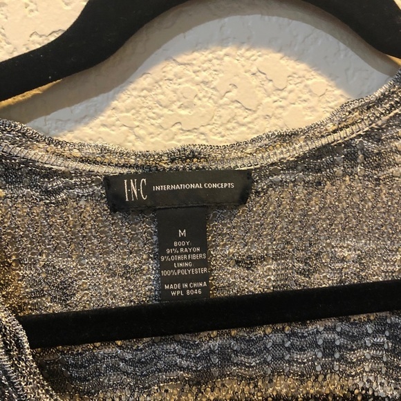 INC metallic‎ knit black faux wrap midi short sleeve polyester dress size Medium - Picture 7 of 9